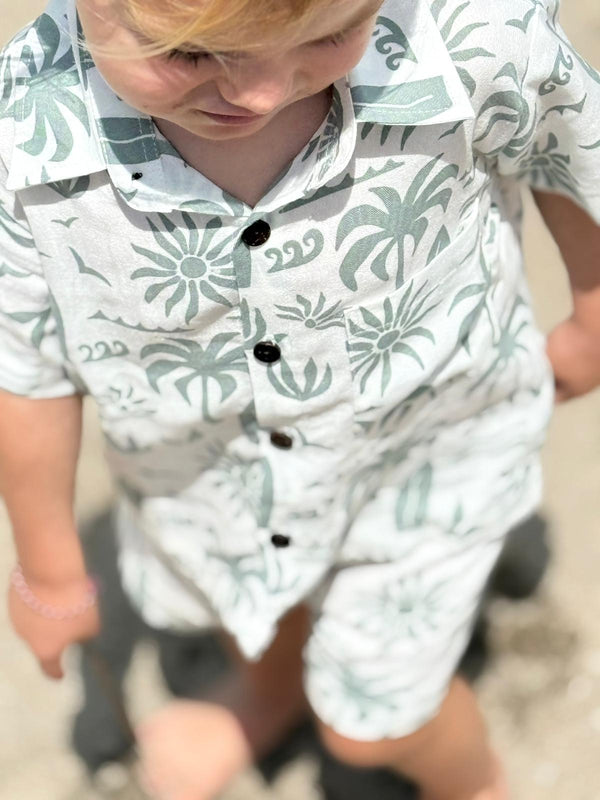 Linen tropical print boys shirt and shirt set